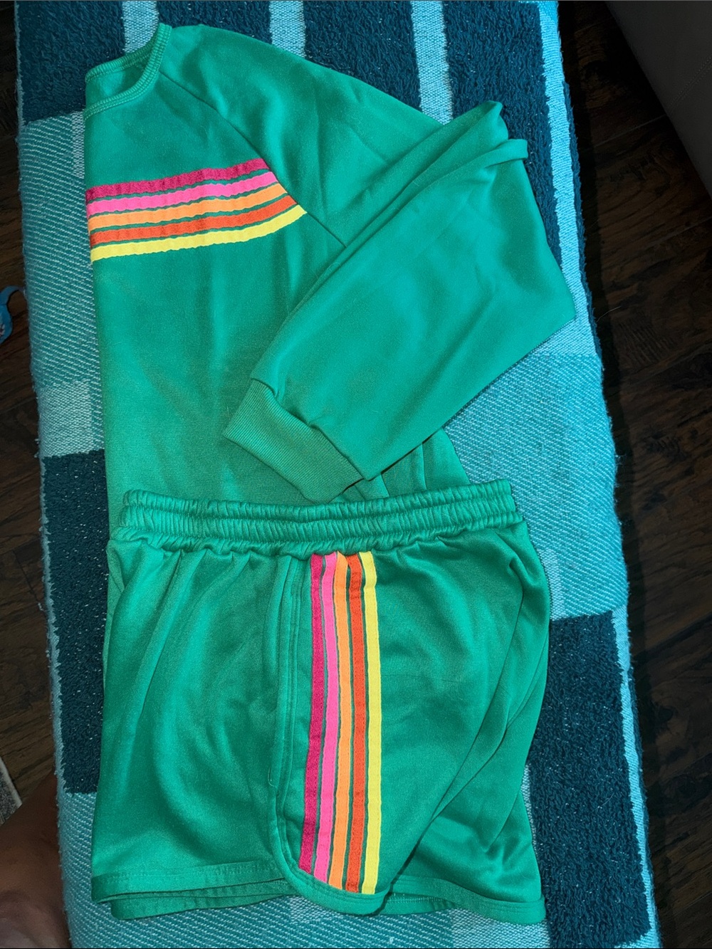 SHEIN Green Athletic Shorts and sweatshirt set with Pink, Orange & Yellow Stripe